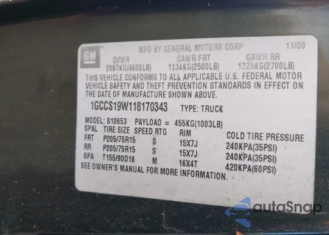 2001 Chevrolet S-10 Ls from USA, damaged, VIN 1GCCS19W118170343